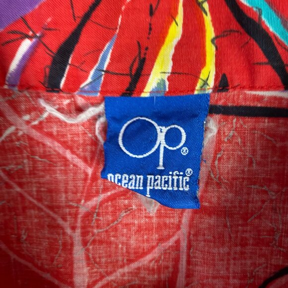 Vintage OP Ocean Pacific Hawaiian Shirt Men's Medium Cotton Red Tropical floral - Picture 5 of 10